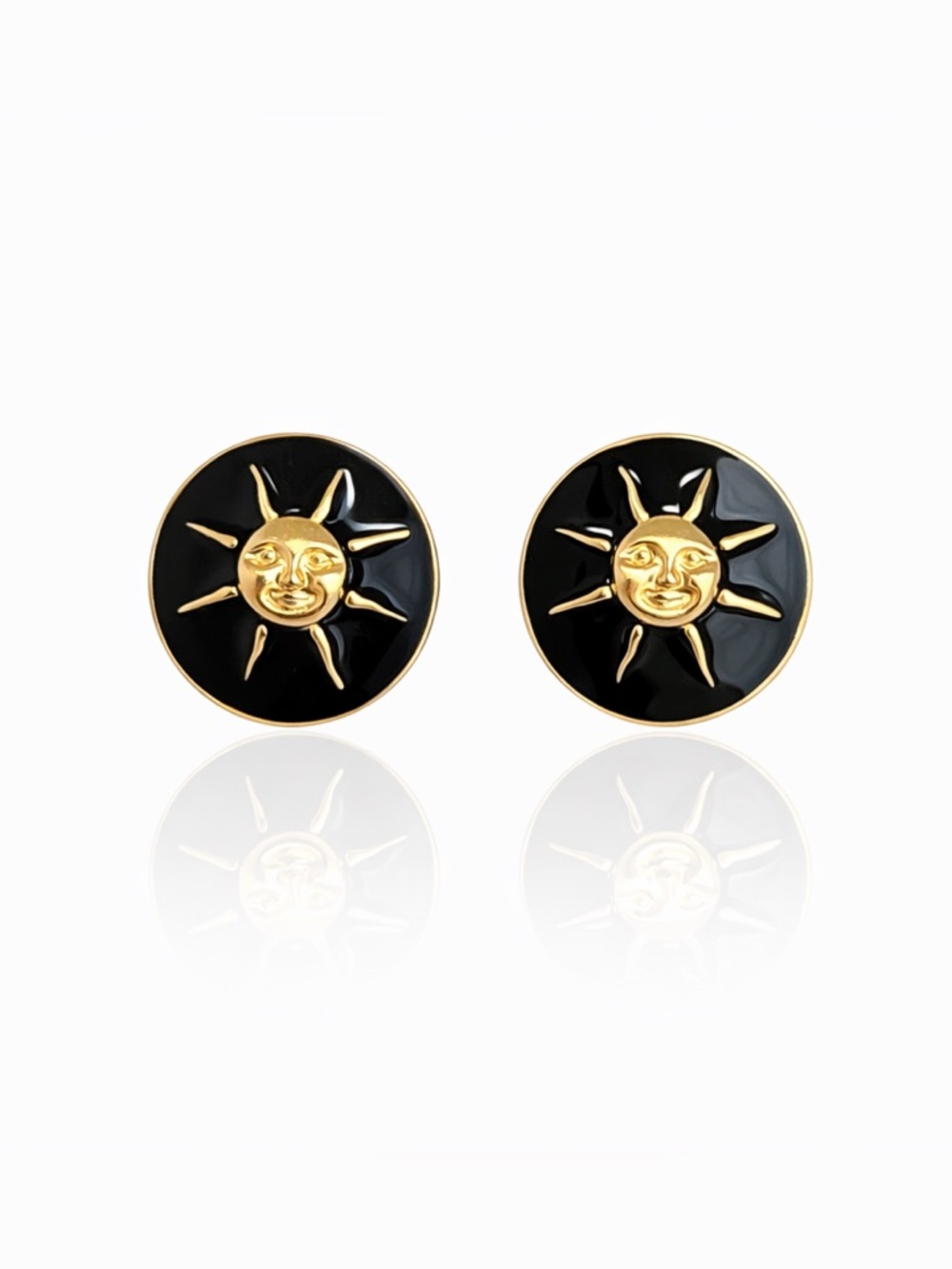 Gold Sunburst Black Enamel Stud Earrings